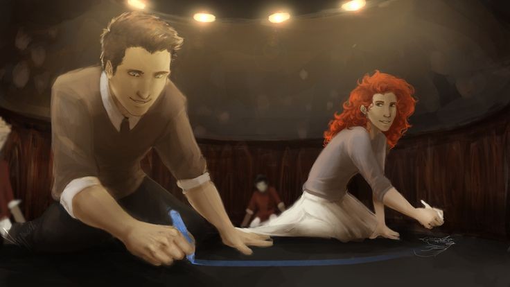 Fan art de Joel y Melody dibujando un círculo en el suelo con tiza